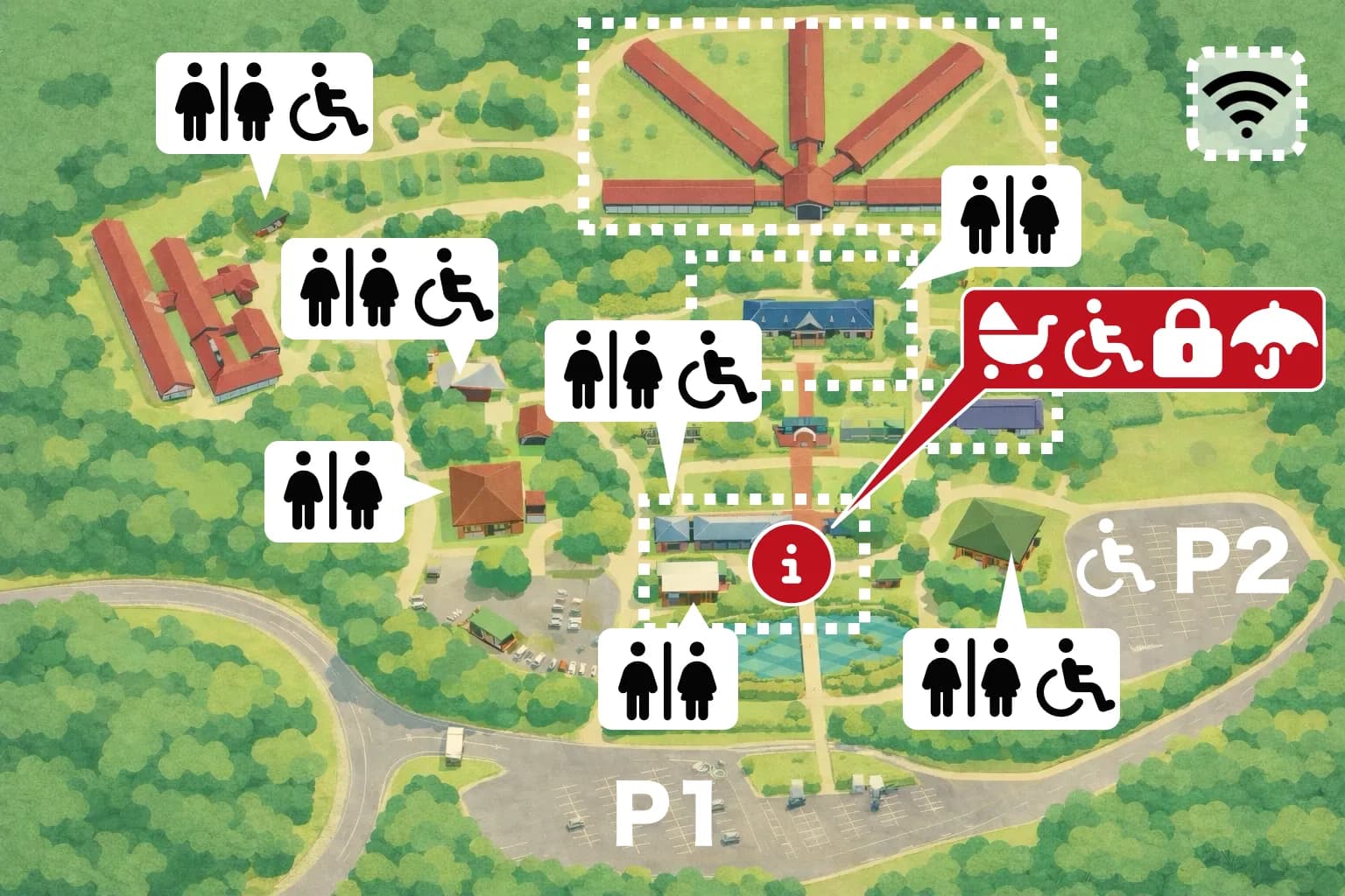 館内設備(トイレ、コインロッカー、Wi-Fi、受付)の場所