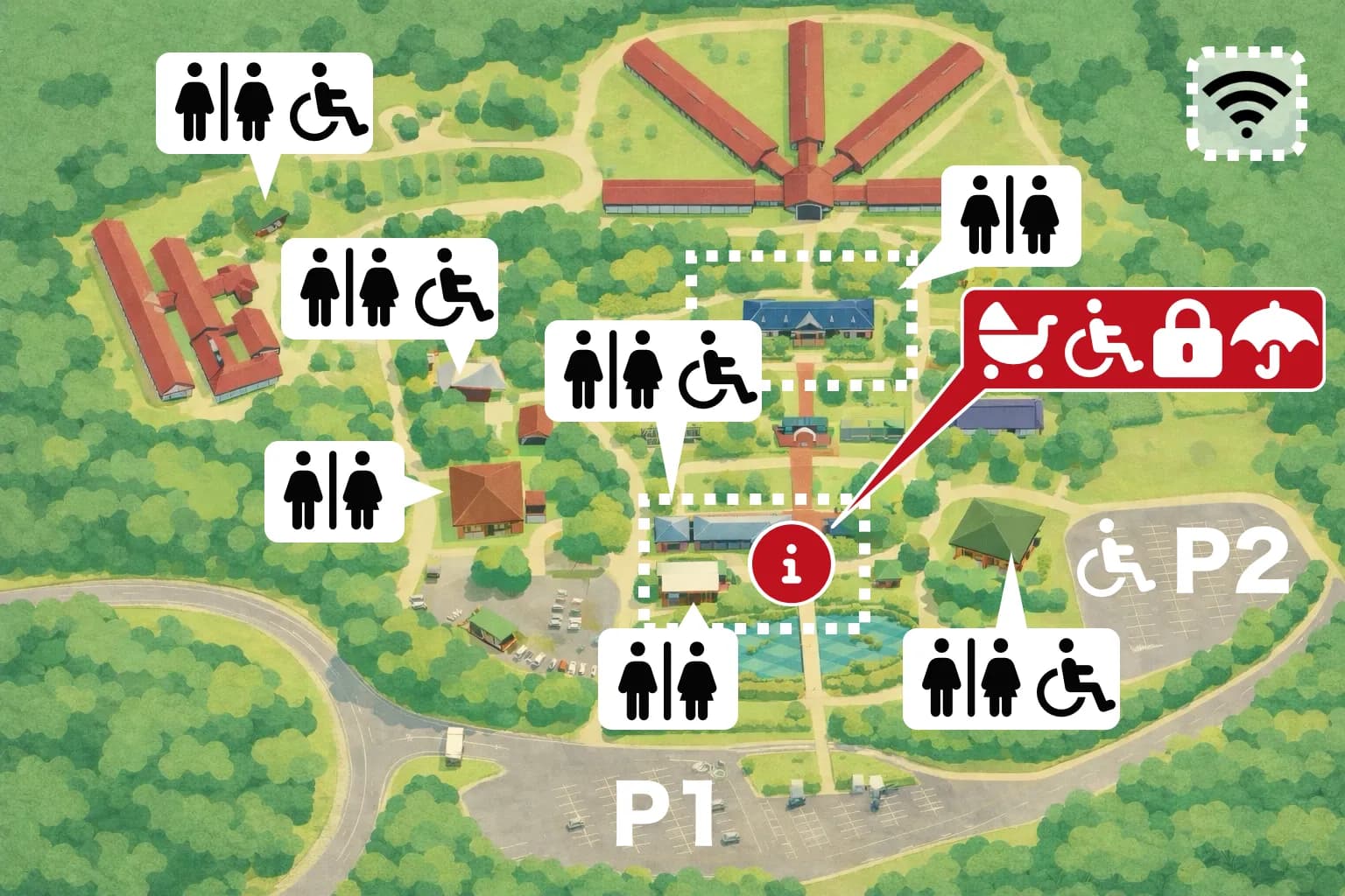 ตำแหน่งของสิ่งอำนวยความสะดวกภายในพิพิธภัณฑ์ (ห้องน้ำ ล็อกเกอร์ Wi-Fi เคาน์เตอร์)